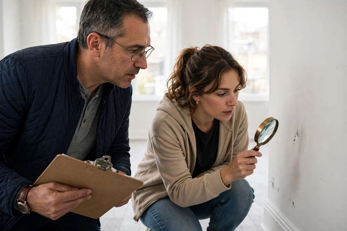 A landlord and tenant inspecting a scuffed apartment wall with a magnifying glass and clipboard during a move-out inspection