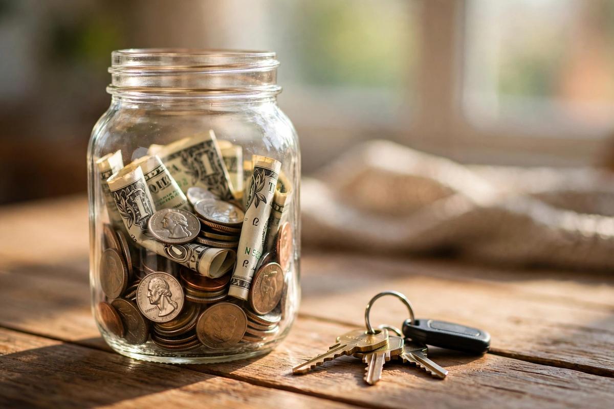 Savings jar filled with coins next to house keys, illustrating interest on security deposits