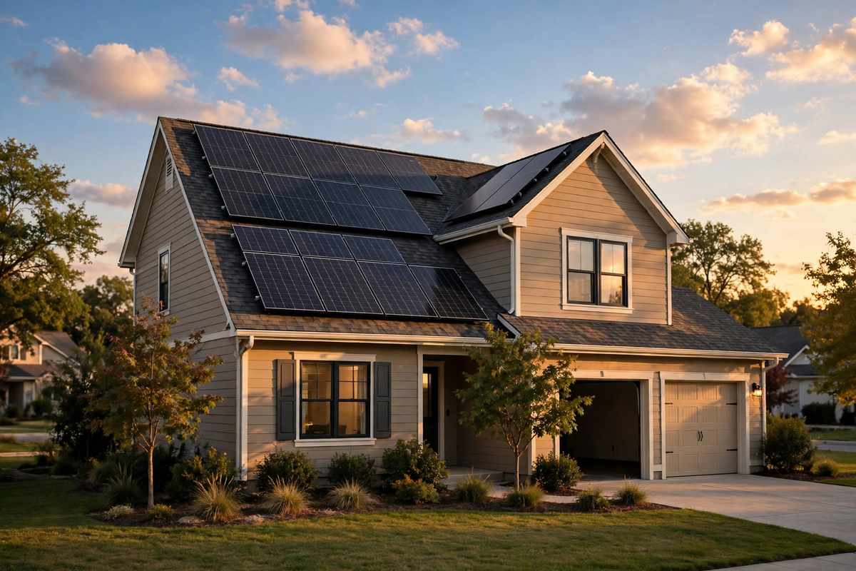 Rooftop solar panels installed on a suburban American home at sunset, comparing solar lease vs PPA options