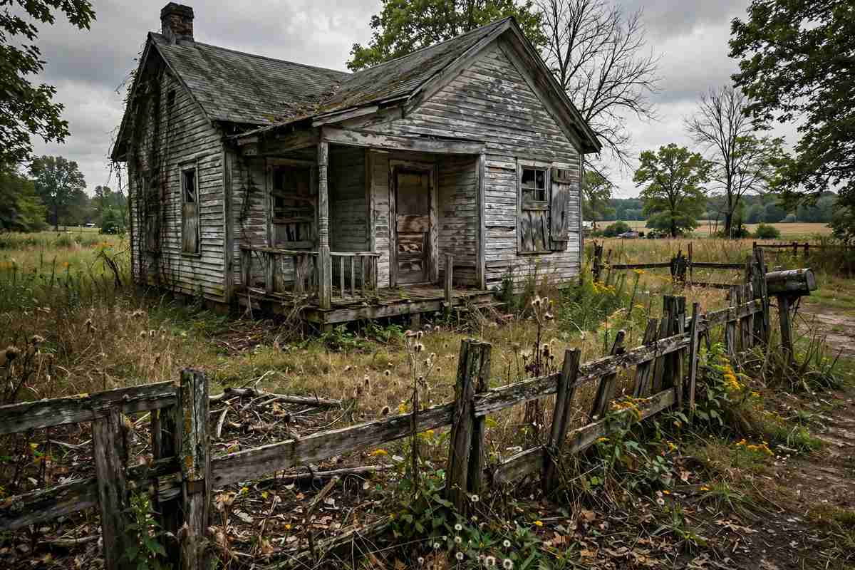 Weathered vacant house with overgrown yard and worn wooden fence in a rural setting