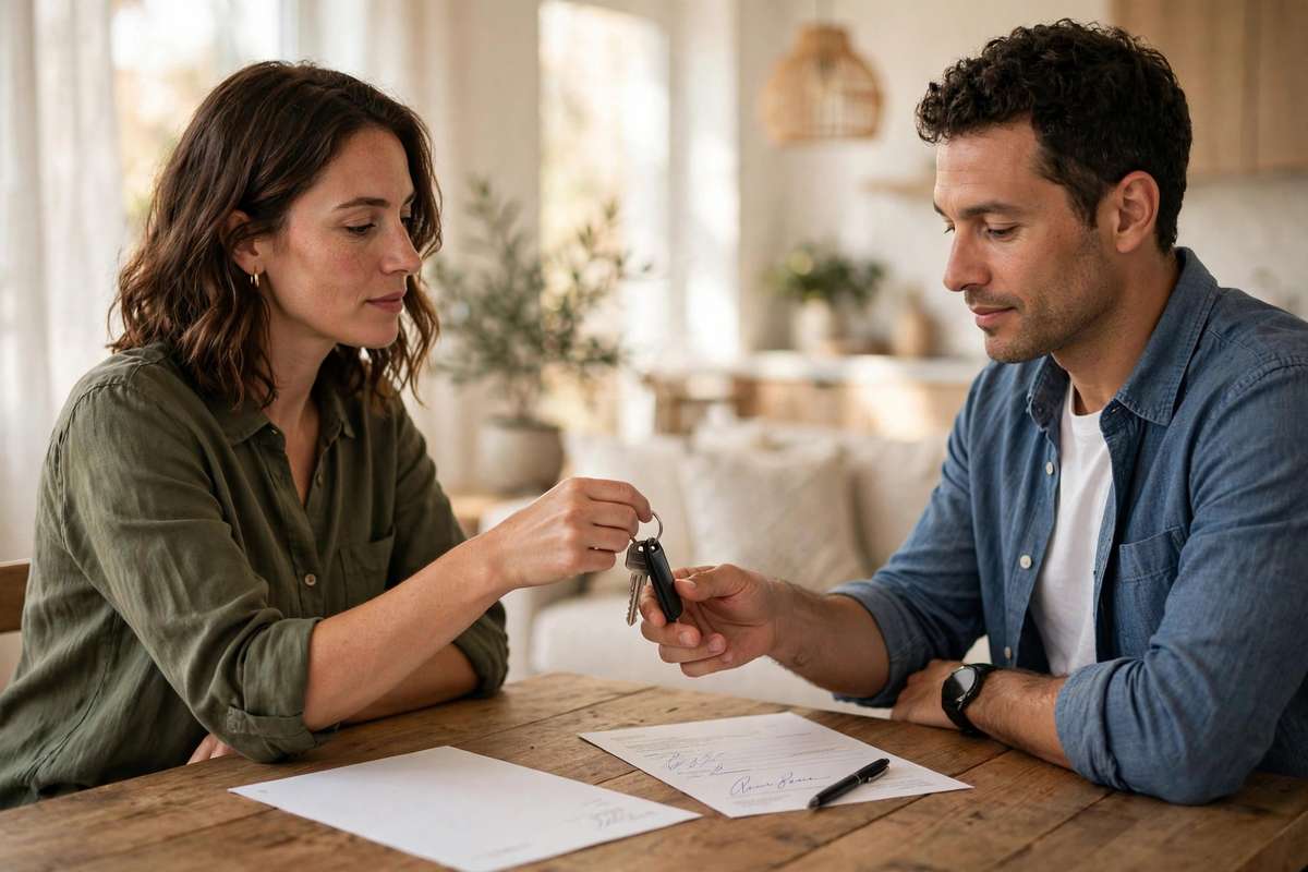 One person handing apartment keys to another person across a table with a signed lease document, illustrating a sublease agreement