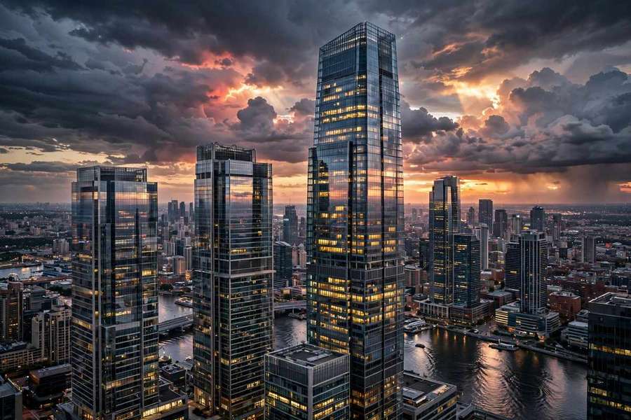 Modern glass corporate skyscrapers at dusk, representing synthetic leases in commercial real estate finance