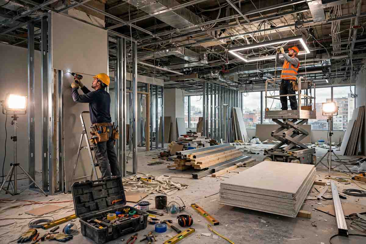 Two construction workers in hard hats renovating a commercial office interior, one installing drywall with a drill on a ladder and another on a scissor lift fitting ceiling lighting, surrounded by tools and materials.